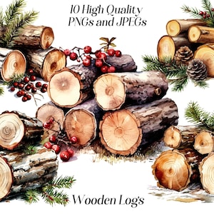Aquarel houten logboeken clipart, 10 JPEG- en PNG-bestanden van hoge kwaliteit, illustraties op hout, winter clipart, afdrukbare afbeeldingen, digitale download