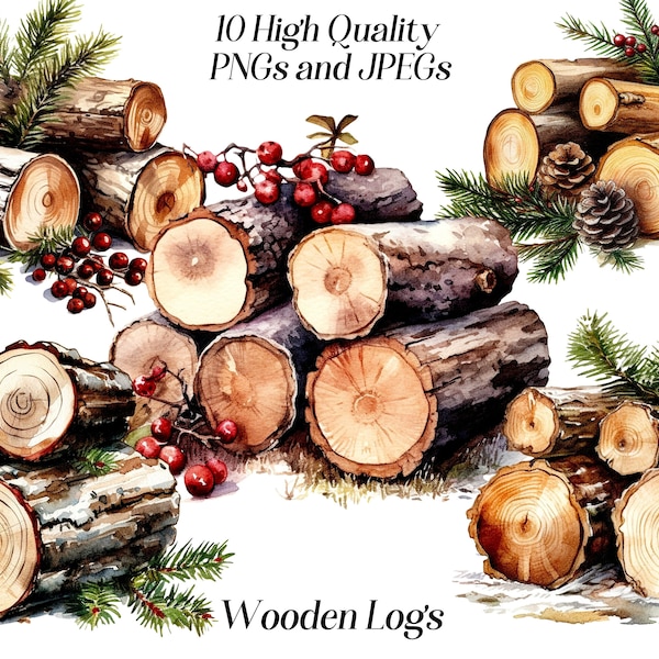 Watercolor wooden logs clipart, 10 high quality JPEG and PNG files, Wood clip art, winter clipart, printable graphics, digital download