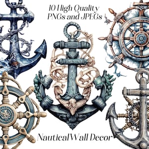 Clipart di decorazioni nautiche ad acquerello, 10 file JPEG e PNG di alta qualità, clipart di ancoraggio, clip art della ruota della nave, grafica stampabile, oceano marino