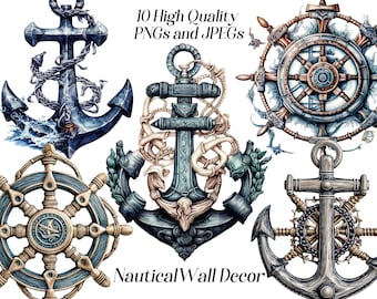 Watercolor nautical decor clipart, 10 high quality JPEG and PNG files, anchor clipart, ship wheel clip art, printable graphics, marine ocean