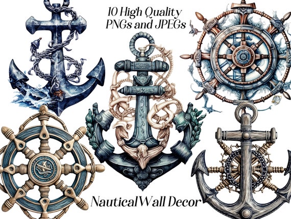 Watercolor Nautical Clipart: Anchor & Ship Wheel Graphics (JPEG, PNG)