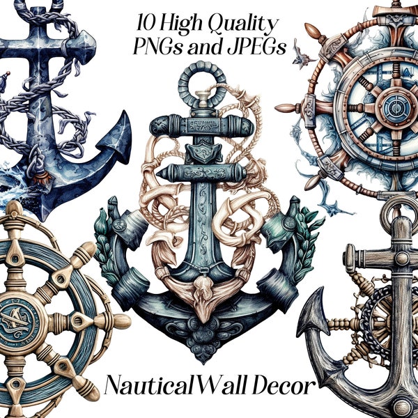 Watercolor nautical decor clipart, 10 high quality JPEG and PNG files, anchor clipart, ship wheel clip art, printable graphics, marine ocean