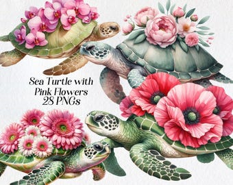 Floral Sea Turtle Clipart: Watercolor PNG Bundle (Digital Download)