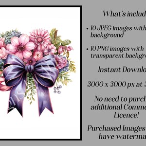 May include: A watercolor illustration of a bouquet of pink and purple flowers with a large purple bow. The flowers are arranged in a circular shape and the bow is tied in the center. The background is white.