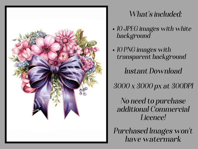 May include: A watercolor illustration of a bouquet of pink and purple flowers with a large purple bow. The flowers are arranged in a circular shape and the bow is tied in the center. The background is white.