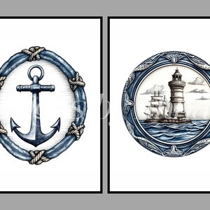 May include: Two watercolor illustrations in blue and white. The first image is a blue anchor with a rope border. The second image is a lighthouse with a ship in the foreground and a blue rope border.