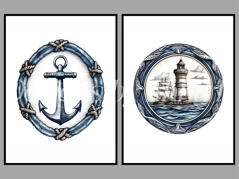 May include: Two watercolor illustrations in blue and white. The first image is a blue anchor with a rope border. The second image is a lighthouse with a ship in the foreground and a blue rope border.