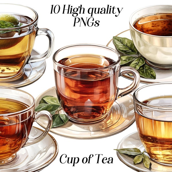 Watercolor Cup of Tea clipart, 10 high quality PNG files, hot drink, warm beverage illustration, food graphics, refreshing brew