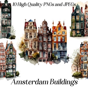Imágenes prediseñadas de acuarela de Amsterdam, 10 archivos JPEG y PNG de alta calidad, casas de Amsterdam, imágenes prediseñadas de edificios, casas holandesas, gráficos imprimibles