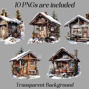 Puede incluir: Un conjunto de 10 im&aacute;genes digitales que presentan ilustraciones de acogedoras caba&ntilde;as de madera cubiertas de nieve. Las caba&ntilde;as tienen techos, ventanas y puertas cubiertos de nieve. Las im&aacute;genes tienen un fondo transparente.