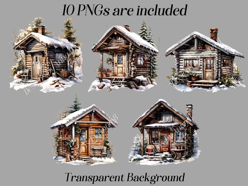 Puede incluir: Un conjunto de 10 im&aacute;genes digitales que presentan ilustraciones de acogedoras caba&ntilde;as de madera cubiertas de nieve. Las caba&ntilde;as tienen techos, ventanas y puertas cubiertos de nieve. Las im&aacute;genes tienen un fondo transparente.