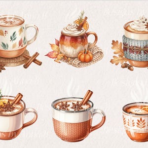May include: Watercolor illustration of six mugs of warm beverages, each with unique fall-themed decorations. Cinnamon sticks, star anise, orange slices, and whipped cream adorn the mugs. Some mugs have leaf and knit patterns. A pumpkin and fall leaves are also present.