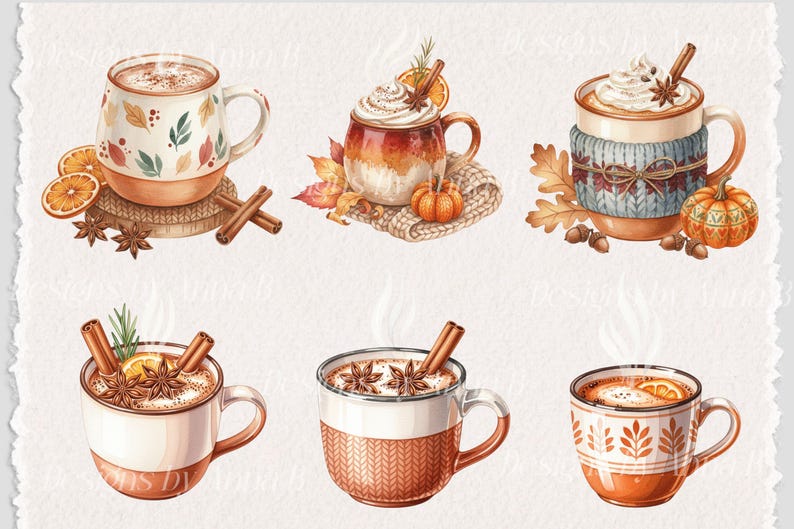 May include: Watercolor illustration of six mugs of warm beverages, each with unique fall-themed decorations. Cinnamon sticks, star anise, orange slices, and whipped cream adorn the mugs. Some mugs have leaf and knit patterns. A pumpkin and fall leaves are also present.