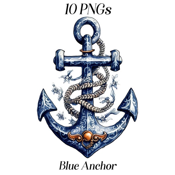 Watercolor anchor clipart, 10 high quality JPEG and PNG files, nautical clip art, blue anchor illustration, printable graphics