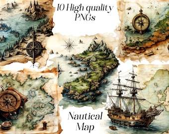 Puede incluir: Un conjunto de 10 imágenes PNG de alta calidad que presentan mapas náuticos con rosas de los vientos, barcos e islas. Los mapas están dibujados en un estilo vintage con un efecto acuarela. El texto "Nautical Map" está escrito en una fuente decorativa.