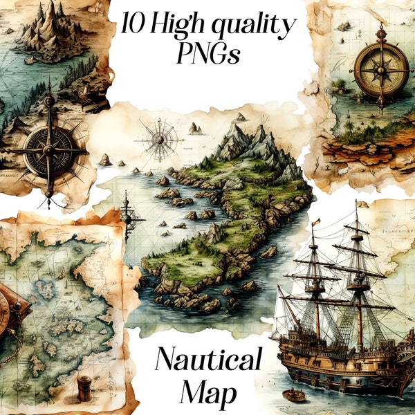 Watercolor nautical map clipart, 10 high quality PNG files, old map clip art, printable graphics, vintage map, ancient map, treasure map