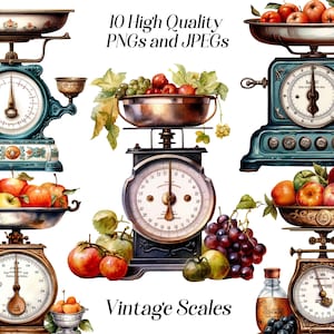 Watercolor Vintage Scales Clipart: JPEG & PNG Files (Digital Download)