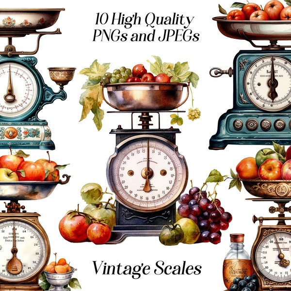 Watercolor vintage scales clipart, 10 high quality JPEG and PNG files, Vintage clipart, weighing scales, kitchen scales, printables