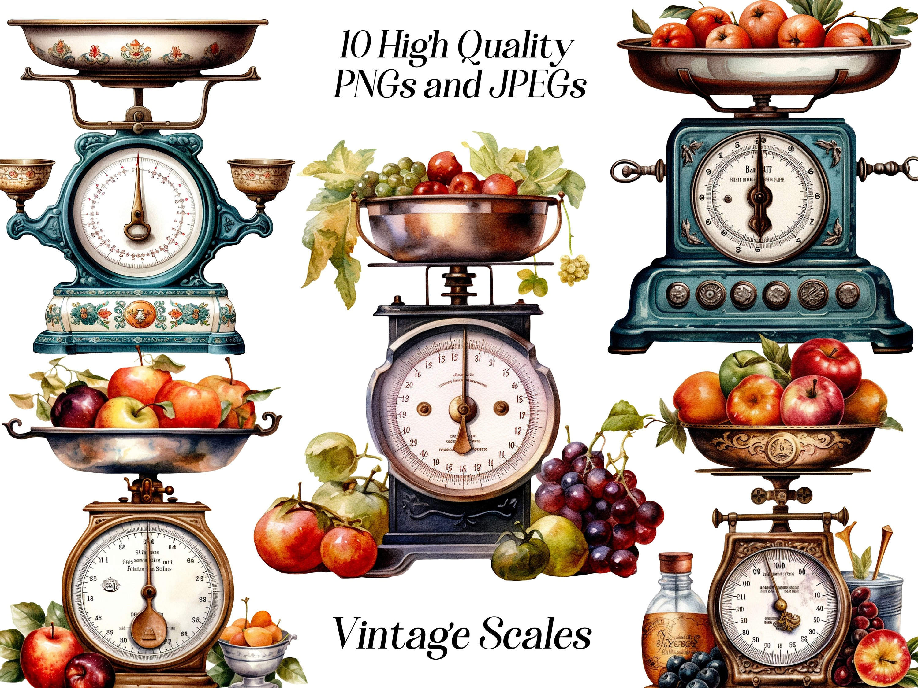 Watercolor vintage scales clipart, 10 high quality JPEG and PNG files, Vintage clipart, weighing scales, kitchen scales, printables
