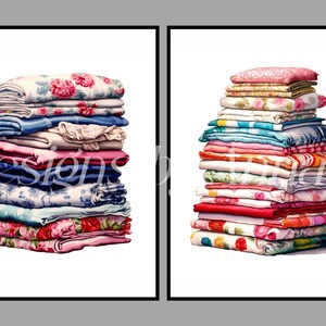 May include: Two stacks of colorful patterned fabric, one with a pink floral pattern and the other with a blue floral pattern.