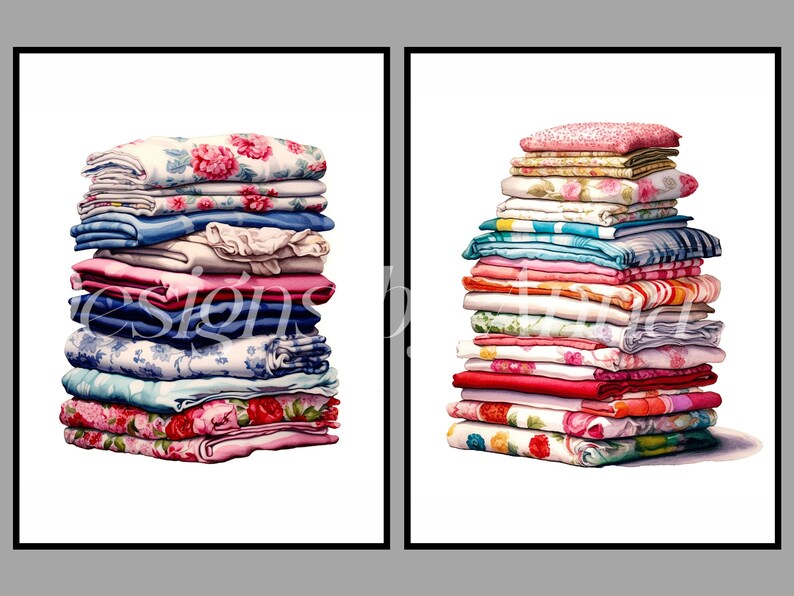 May include: Two stacks of colorful patterned fabric, one with a pink floral pattern and the other with a blue floral pattern.