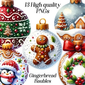 Clipart aquarelle boules de pain d'épice, 13 fichiers PNG de haute qualité, graphiques de Noël, clipart ornements, clipart festif, biscuits, Noël