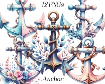 Clipart de ancla de acuarela: Imágenes PNG náuticas pastel (descarga digital)