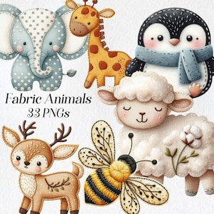 Op de afbeelding: Een set van 33 digitale afbeeldingen met schattige stoffen dieren. De dieren omvatten een blauwe olifant, een gele giraffe, een zwart-witte pinguïn, een wit lam en een gele en zwarte bij.