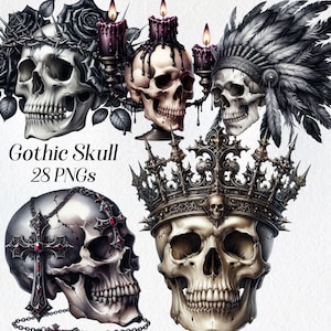 Gothic Skull clipart, watercolor skull clip art, png, skull with feathers, chains, roses, lace, printable images, goth graphics, digital