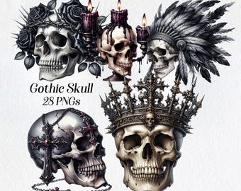 May include: A set of five gothic skull illustrations. The skulls are decorated with roses, candles, a crown, and a feather headdress. The text "Gothic Skull 28 PNGs" is visible in the image.