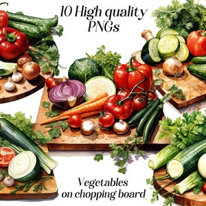 Verdure ad acquerello su clipart di tagliere, 10 file PNG di alta qualità, clipart di cibo, clip art da cucina, clipart di cucina, arredamento della dispensa
