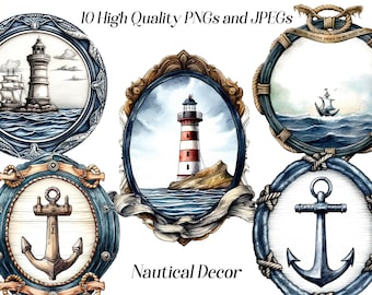 Watercolor nautical decor clipart, 10 high quality JPEG and PNG files, Nautical clip art, home decor, junk journal, printables, scrapbooking