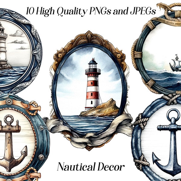 Watercolor nautical decor clipart, 10 high quality JPEG and PNG files, Nautical clip art, home decor, junk journal, printables, scrapbooking