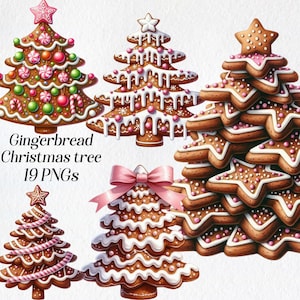 Könnte beinhalten: Vier Lebkuchen-Weihnachtsbäume, verziert mit Zuckerguss, Süßigkeiten und Streuseln. Der Text "Gingerbread Christmas tree 19 PNGs" befindet sich unter den Bäumen.