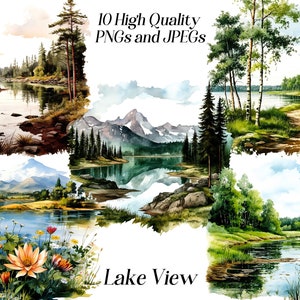 Watercolor lake clipart, 10 high quality JPEG and PNG Files, landscape clipart, nature clip art, lake illustration, printables