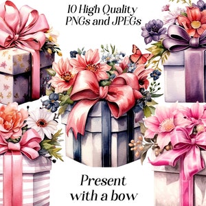 Imágenes prediseñadas de acuarela presente, 10 archivos JPEG y PNG de alta calidad, regalo de cumpleaños, Día de la Madre, caja floral, caja con flores, imprimibles