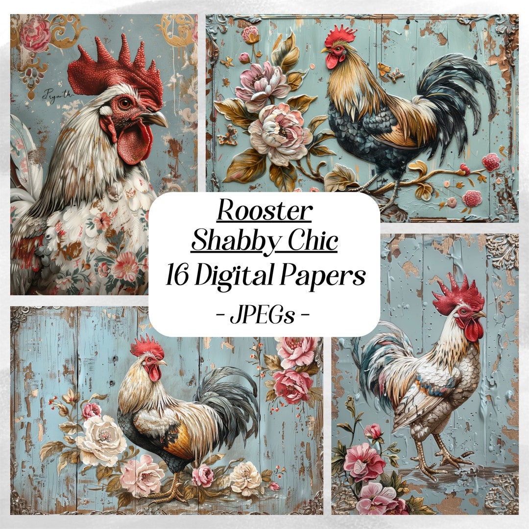 Rooster Shabby Chic Digital Paper, 16 High Quality JPEG Files, Chicken ...