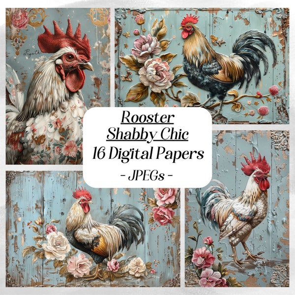 Rooster Shabby Chic digital paper, 16 high quality JPEG files, chicken images, farm animals, scrapbook paper, junk journal, printable paper