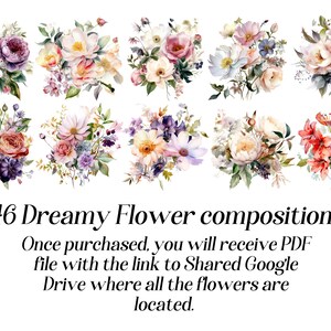 Puede incluir: Una descarga digital de 46 composiciones de flores de acuarela. Las flores est&aacute;n en varios tonos de rosa, morado, blanco y rojo. El texto "46 Dreamy Flower compositions" est&aacute; en la parte inferior de la imagen. Una vez realizada la compra, recibir&aacute;s un archivo PDF con un enlace a una unidad de Google compartida donde se encuentran todas las flores.