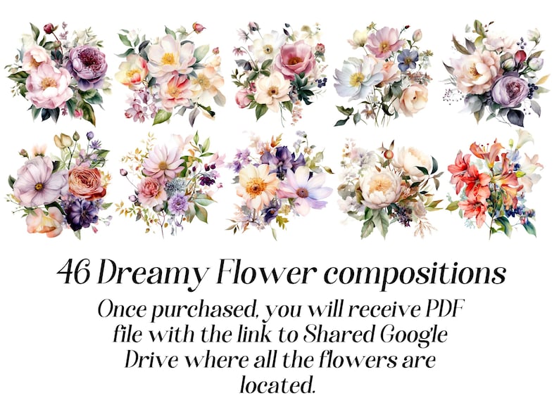 Puede incluir: Una descarga digital de 46 composiciones de flores de acuarela. Las flores est&aacute;n en varios tonos de rosa, morado, blanco y rojo. El texto "46 Dreamy Flower compositions" est&aacute; en la parte inferior de la imagen. Una vez realizada la compra, recibir&aacute;s un archivo PDF con un enlace a una unidad de Google compartida donde se encuentran todas las flores.