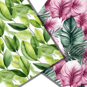 May include: Two seamless patterns featuring tropical leaves. One pattern has green leaves on a white background. The other pattern has pink and green leaves on a white background.