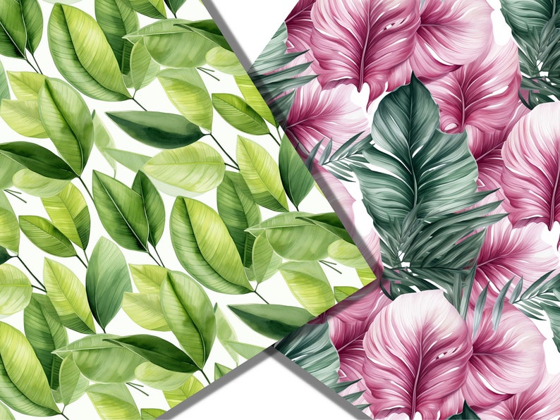 May include: Two seamless patterns featuring tropical leaves. One pattern has green leaves on a white background. The other pattern has pink and green leaves on a white background.