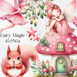 Clipart z magicznymi wróżkami - różowe wróżki i dom wróżek PNG, zbuduj własną scenę wróżek, urocze zwierzęta, zieleń i zestaw sztuki fantasy