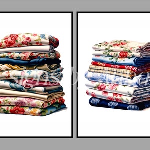 May include: Two stacks of folded fabric in various floral patterns, including pink, blue, and red, on a white background.