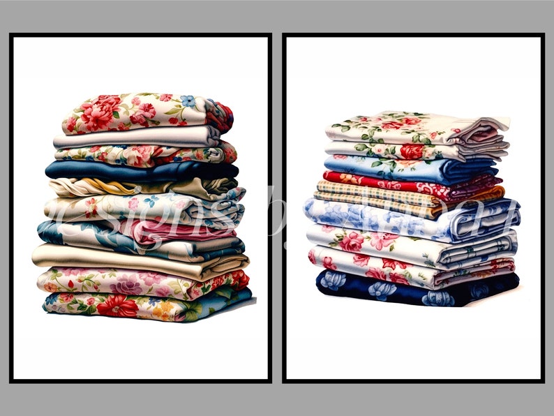 May include: Two stacks of folded fabric in various floral patterns, including pink, blue, and red, on a white background.