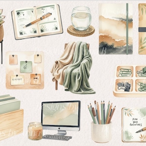 May include: Watercolor illustration of various office and home decor items. Includes a succulent in a pot, open notebooks, a glass of water, a blanket draped over a chair, a computer, pencils, and a candle. The items are in neutral tones.
