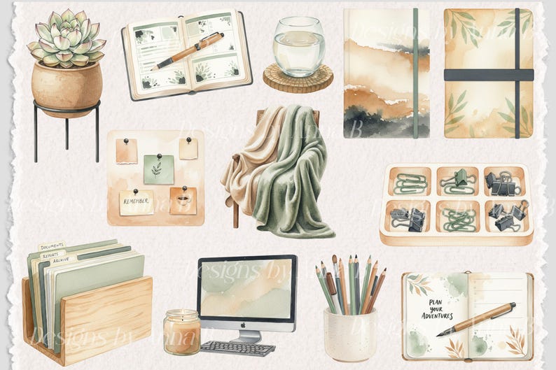 May include: Watercolor illustration of various office and home decor items. Includes a succulent in a pot, open notebooks, a glass of water, a blanket draped over a chair, a computer, pencils, and a candle. The items are in neutral tones.