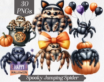 Spooky Halloween Jumping Spider Watercolor Clipart (Digital Download)