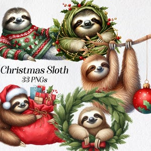Clipart de paresseux de Noël, paresseux mignon, png, animaux de Noël, décoration de Noël, fabrication de cartes, paresseux avec bonnet de Noel, vacances d'hiver