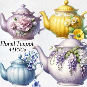Imágenes prediseñadas de tetera, imágenes prediseñadas de tetera floral, png, pastel, fiesta del té, té de la tarde, tetera vintage, shabby chic, diario basura, gráficos digitales